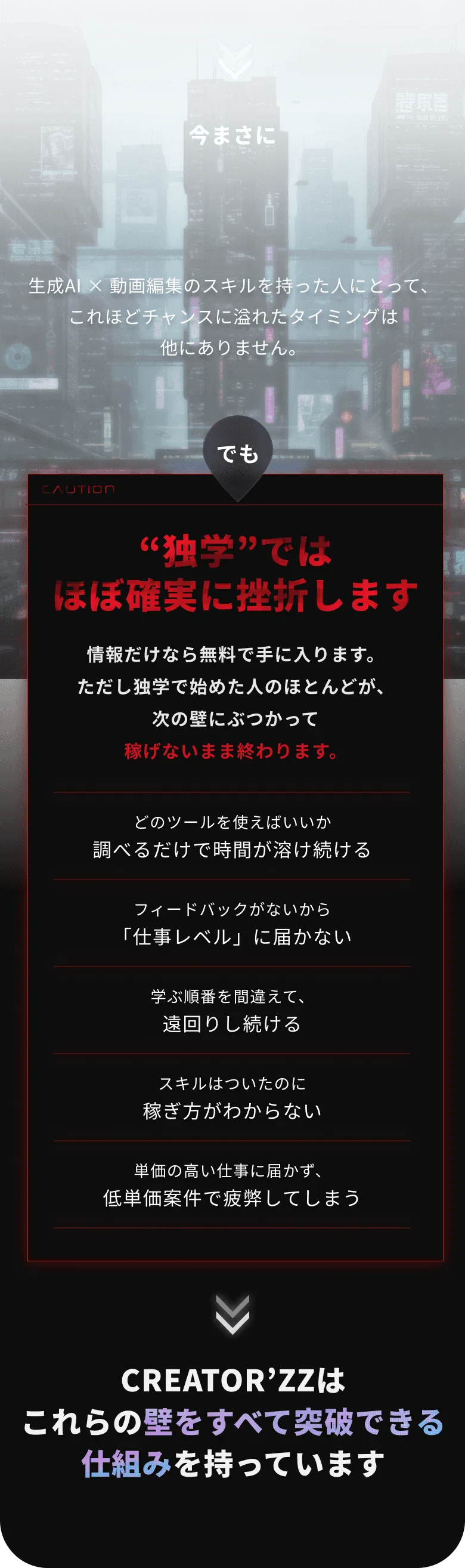 生成AI × 動画編集のスキルを持った人にとって、これほどチャンスに溢れたタイミングは他にありません。クリエーターズはこれらの壁をすべて突破できる仕組みを持っています